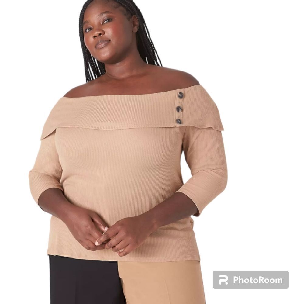 26W 28W Lane Bryant Tan Off the Shoulder Top Classic Cowl Neck 3/4 Sleeve Ribbed